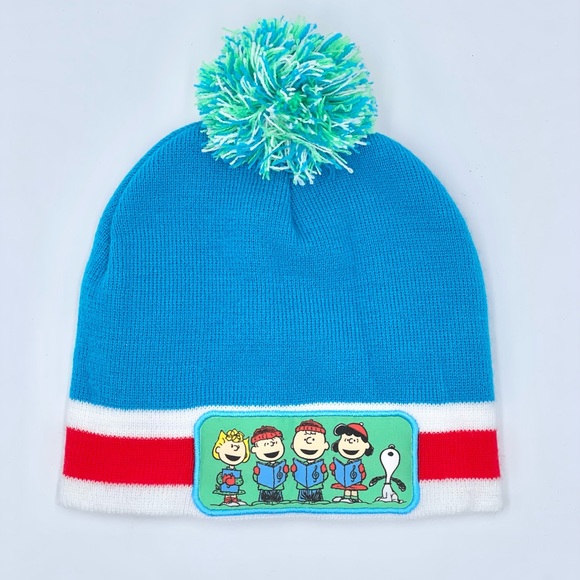 Peanuts Snoopy Charlie Brown Caroling Blue Pom Beanie Winter Hat Adult OSFM - Picture 2 of 5